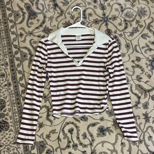 Striped Cropped Long-Sleeve Top in White and Burgundy
